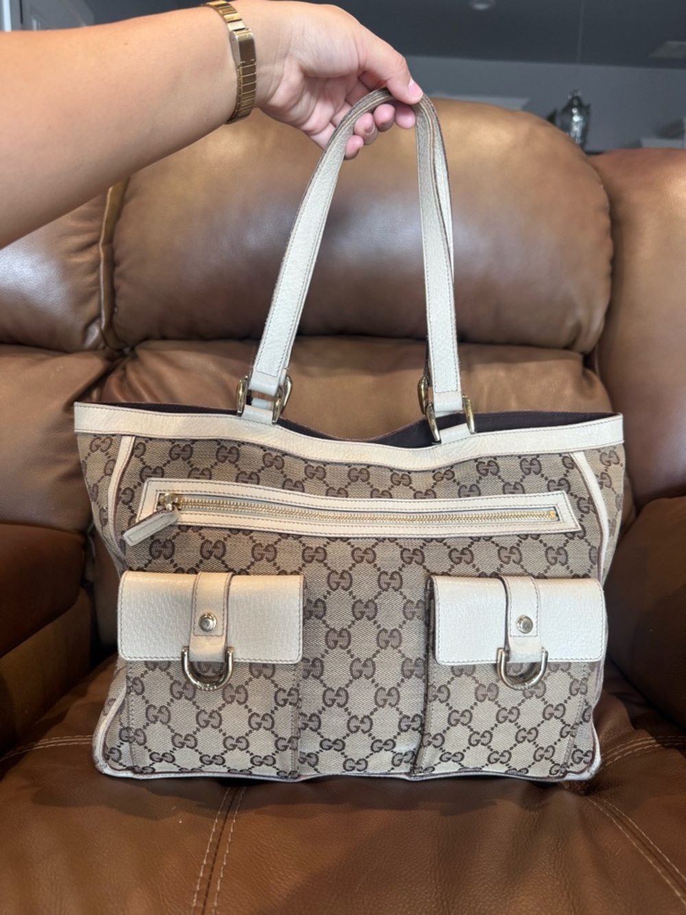 Gucci Beige GG Canvas Shoulder Bag with Cream Trim